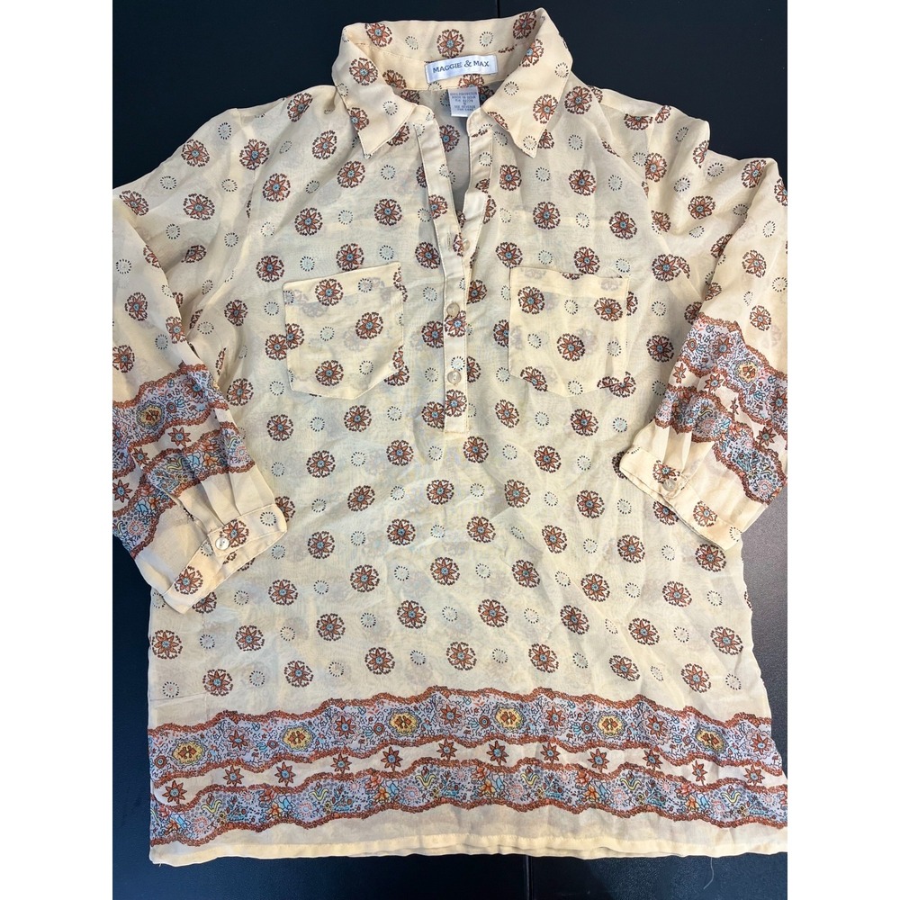 Maggie & Max Cream And Tan Boho Sheer Blouse With 3/4 Sleeves Small Cottage Core